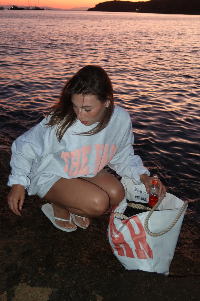 VARSITY SWEATSHIRT LT HEATHER GREY / BRIGHT CORAL – The Bar