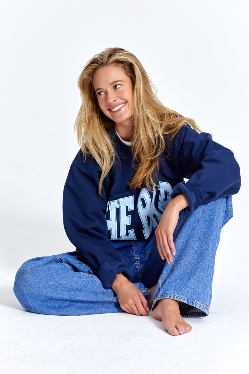 Navy Blue Varsity Contrast Striped Trim V Neck Sweatshirt main image 1