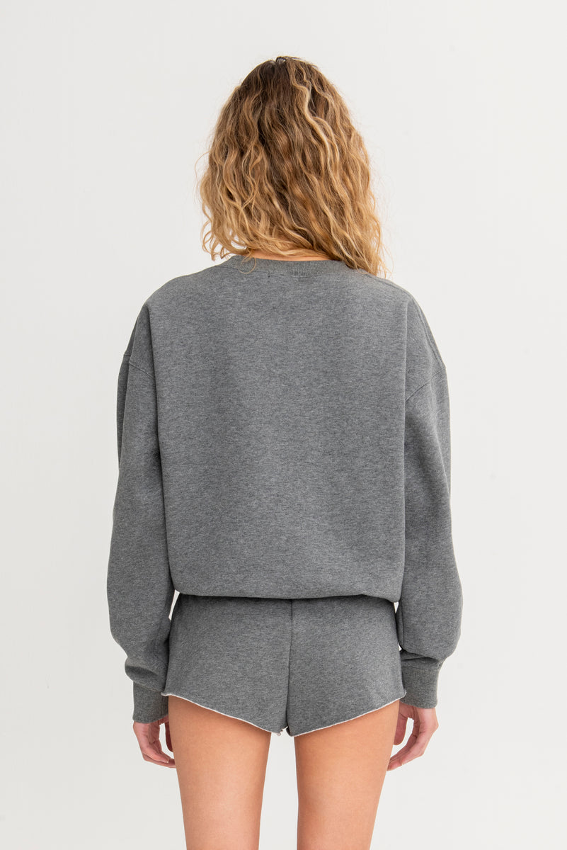VARSITY TUCKED SWEATSHIRT DARK HEATHER GREY / IRIS – The Bar