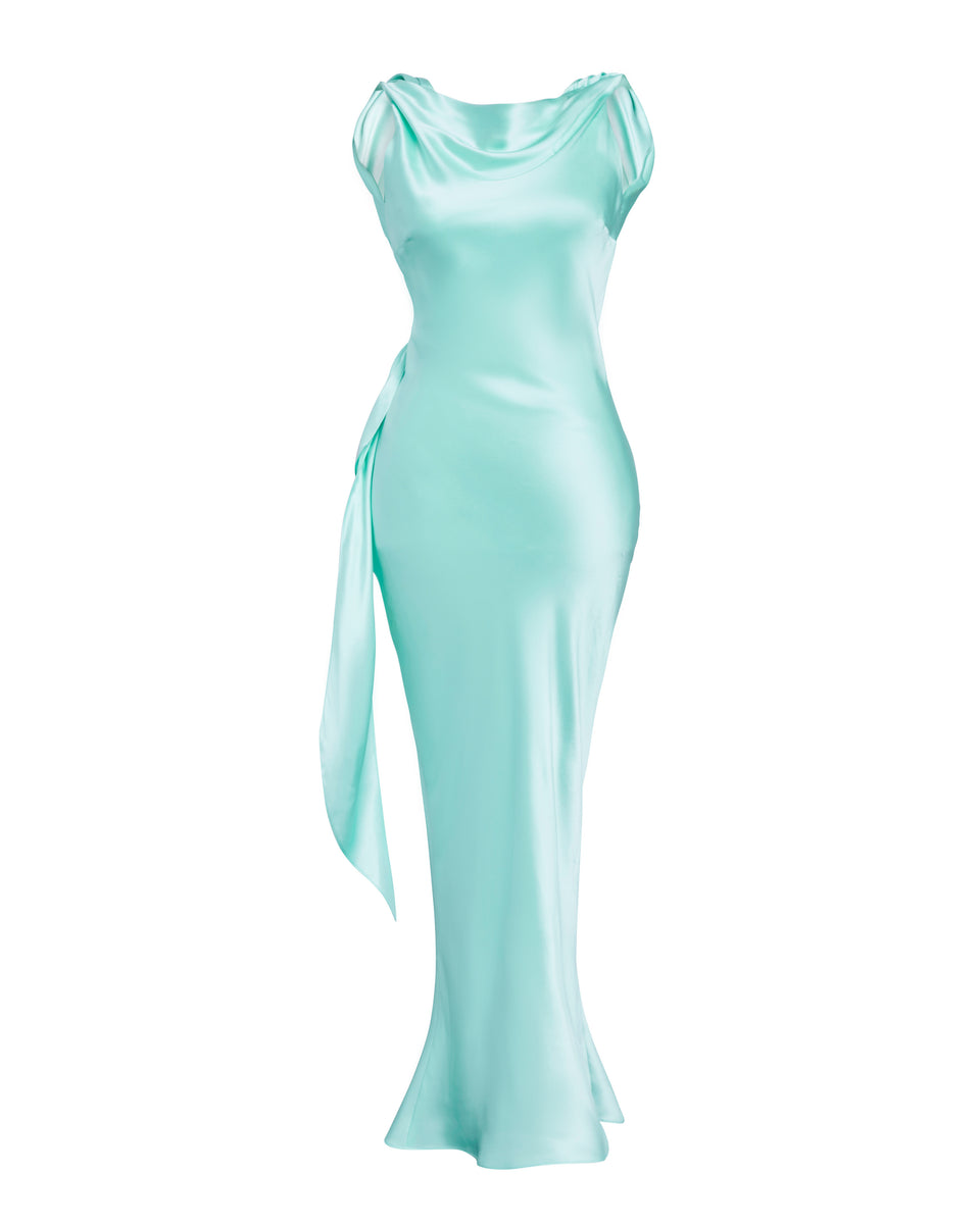 green emerald velvet dress SILK TWIST DRESS EMERALD/COBALT – The Bar main image 1