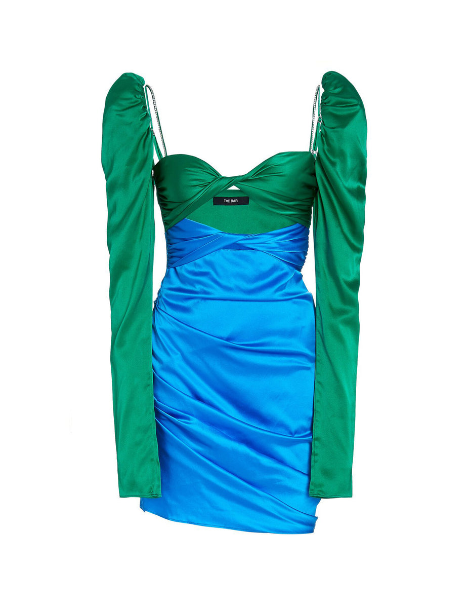 SILK TWIST DRESS EMERALD/COBALT The Bar SILK TWIST DRESS EMERALD/COBALT The Bar