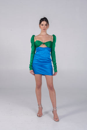 the bar green dress SILK TWIST DRESS EMERALD/COBALT
