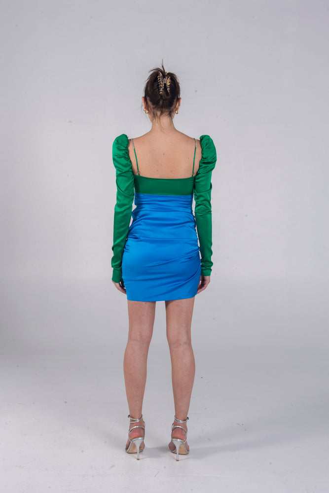 SILK TWIST DRESS EMERALD/COBALT The Bar SILK TWIST DRESS EMERALD/COBALT The Bar