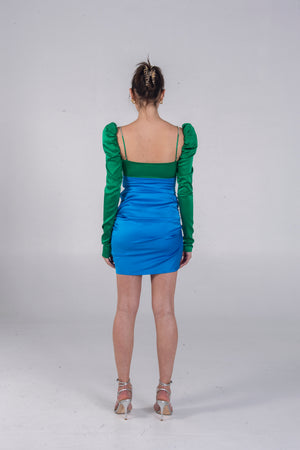 SILK TWIST DRESS EMERALD/COBALT The Bar SILK TWIST DRESS EMERALD/COBALT The Bar